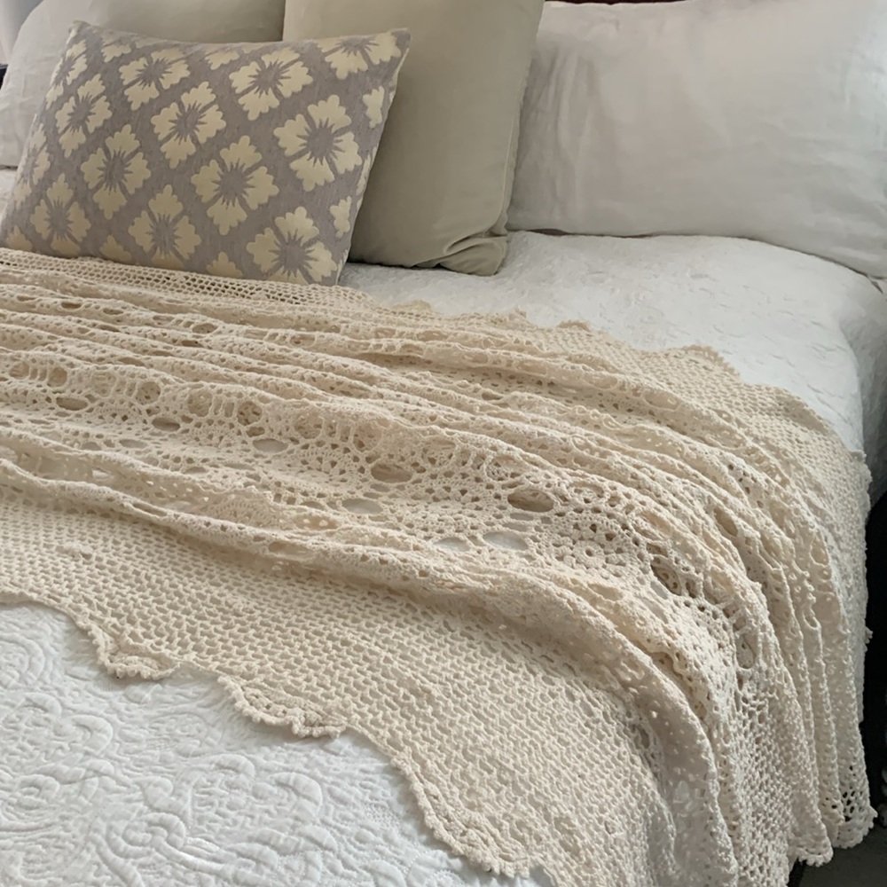 Vintage Hand Crochet Lace Bedspread Coverlet Afghan table cover blanket‎ cream